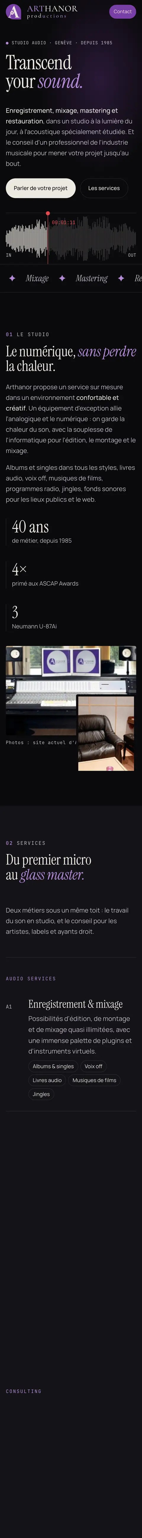 Site d'Arthanor Productions sur téléphone